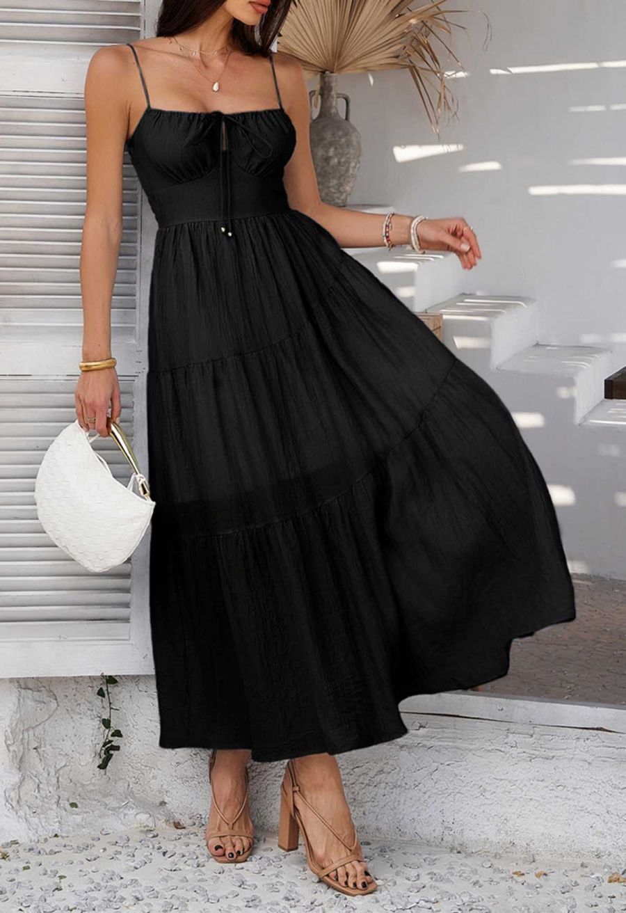 Self-Tie Bowknot Shirred Crinkled Tiered Dress in Black
