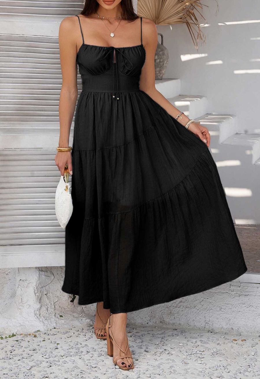 Self-Tie Bowknot Shirred Crinkled Tiered Dress in Black