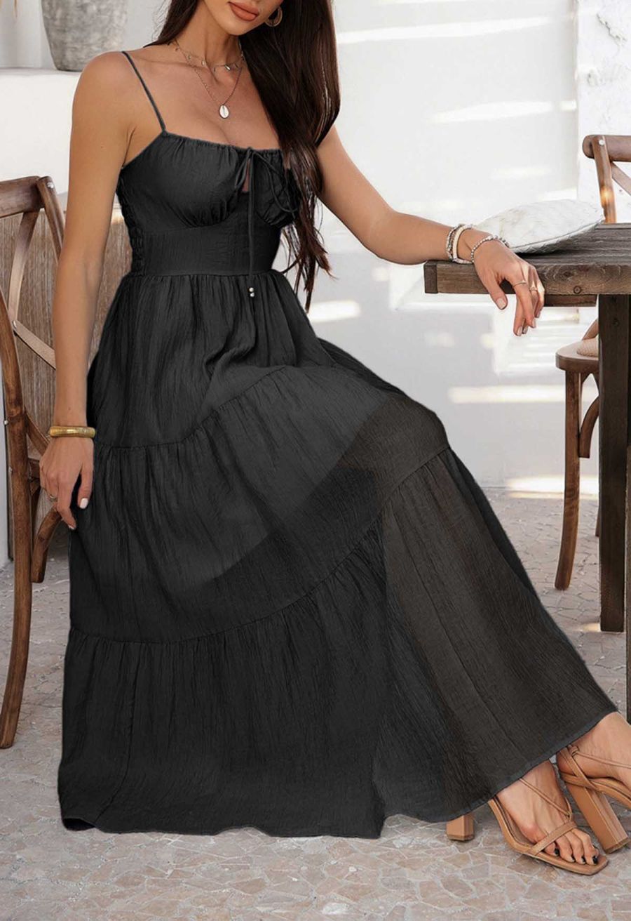 Self-Tie Bowknot Shirred Crinkled Tiered Dress in Black
