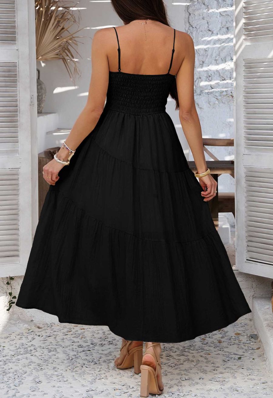 Self-Tie Bowknot Shirred Crinkled Tiered Dress in Black