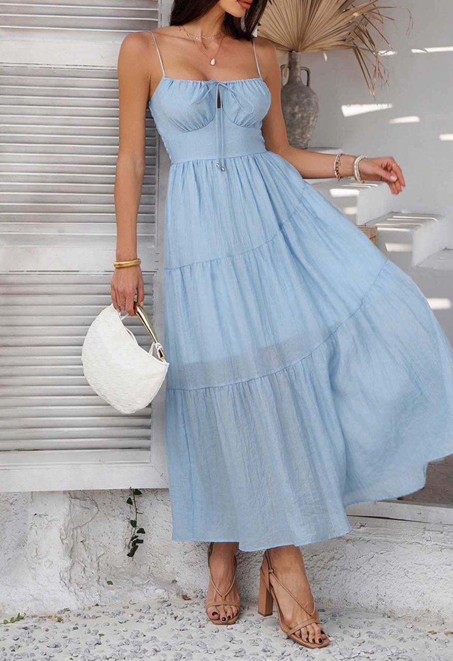 Self-Tie Bowknot Shirred Crinkled Tiered Dress in Light Blue