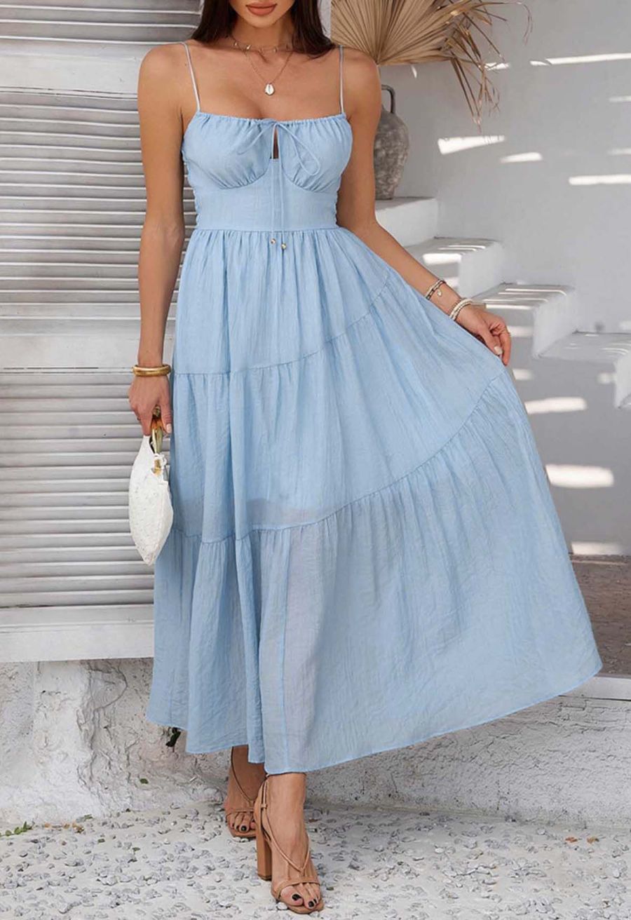 Self-Tie Bowknot Shirred Crinkled Tiered Dress in Light Blue
