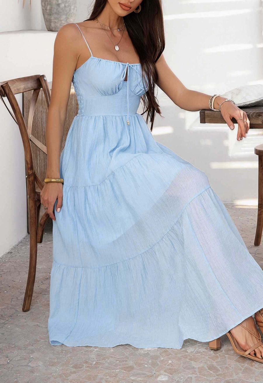 Self-Tie Bowknot Shirred Crinkled Tiered Dress in Light Blue