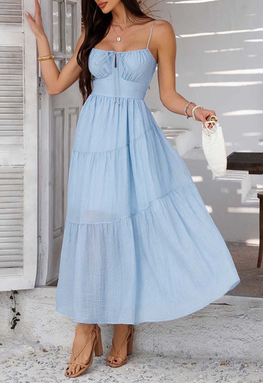 Self-Tie Bowknot Shirred Crinkled Tiered Dress in Light Blue