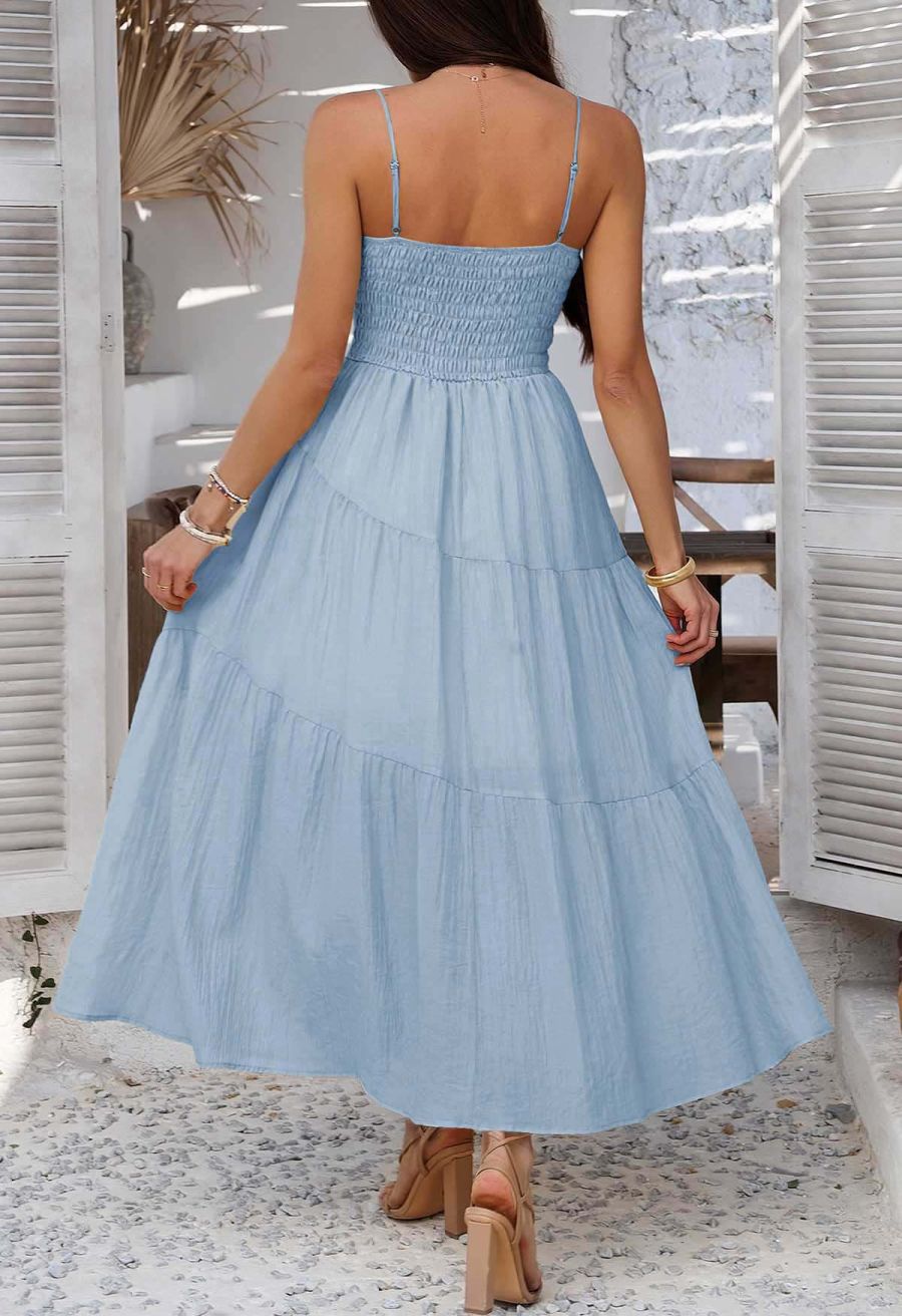 Self-Tie Bowknot Shirred Crinkled Tiered Dress in Light Blue