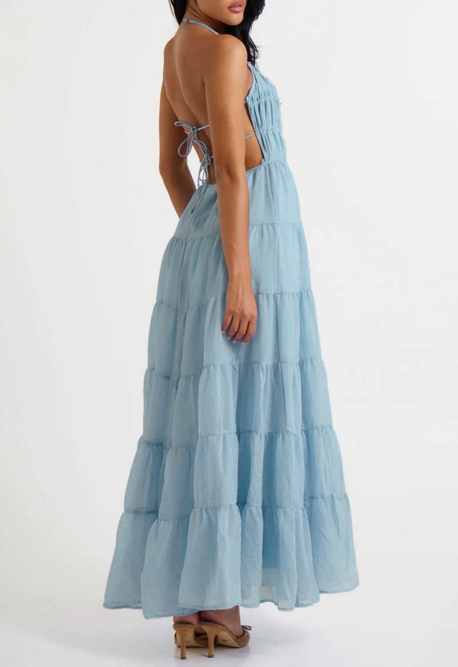 Tie-Back Crinkled Tiered Halter Dress in Light Blue