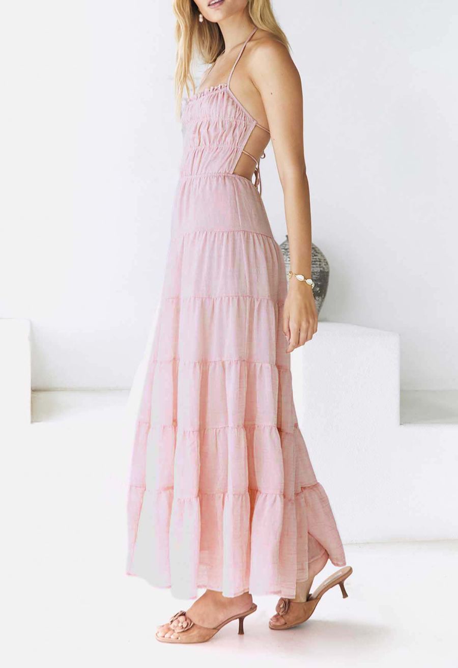 Tie-Back Crinkled Tiered Halter Dress in Light Pink