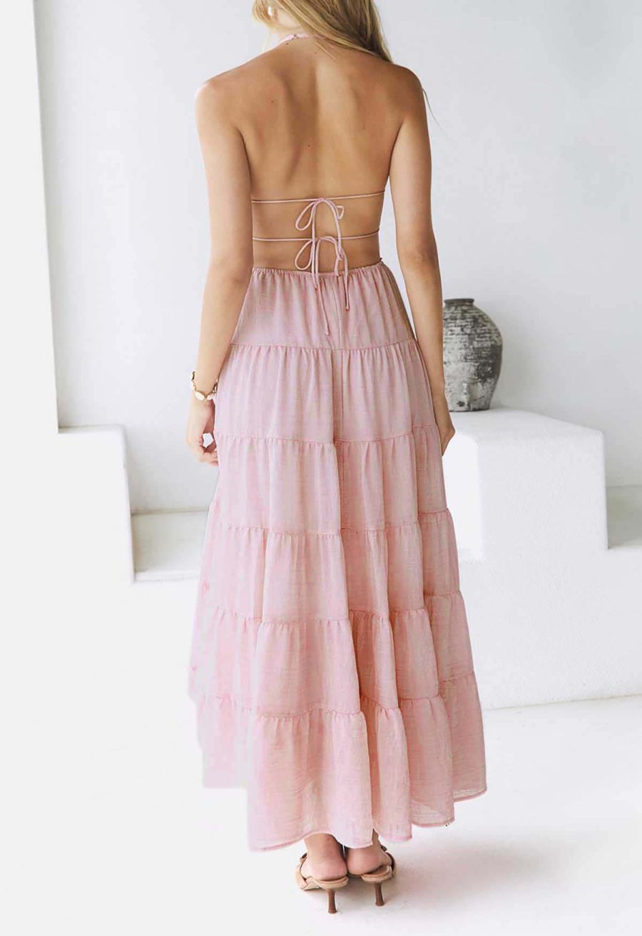 Tie-Back Crinkled Tiered Halter Dress in Light Pink