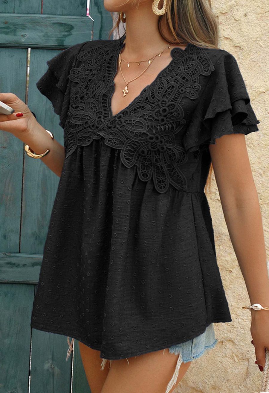 V-Neck Lace Cutwork Flock Dot Dolly Top in Black