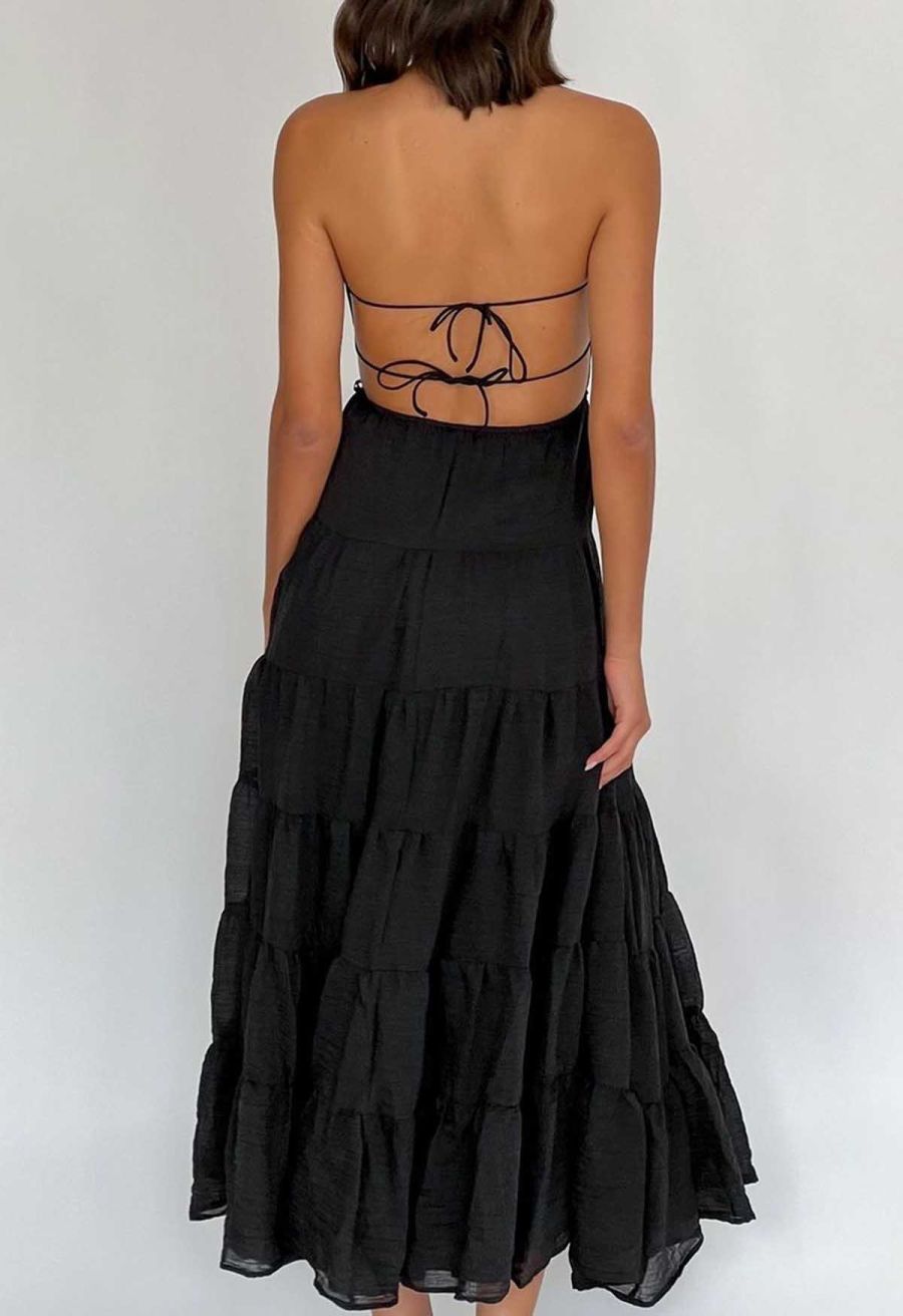 Tie-Back Crinkled Tiered Halter Dress in Black