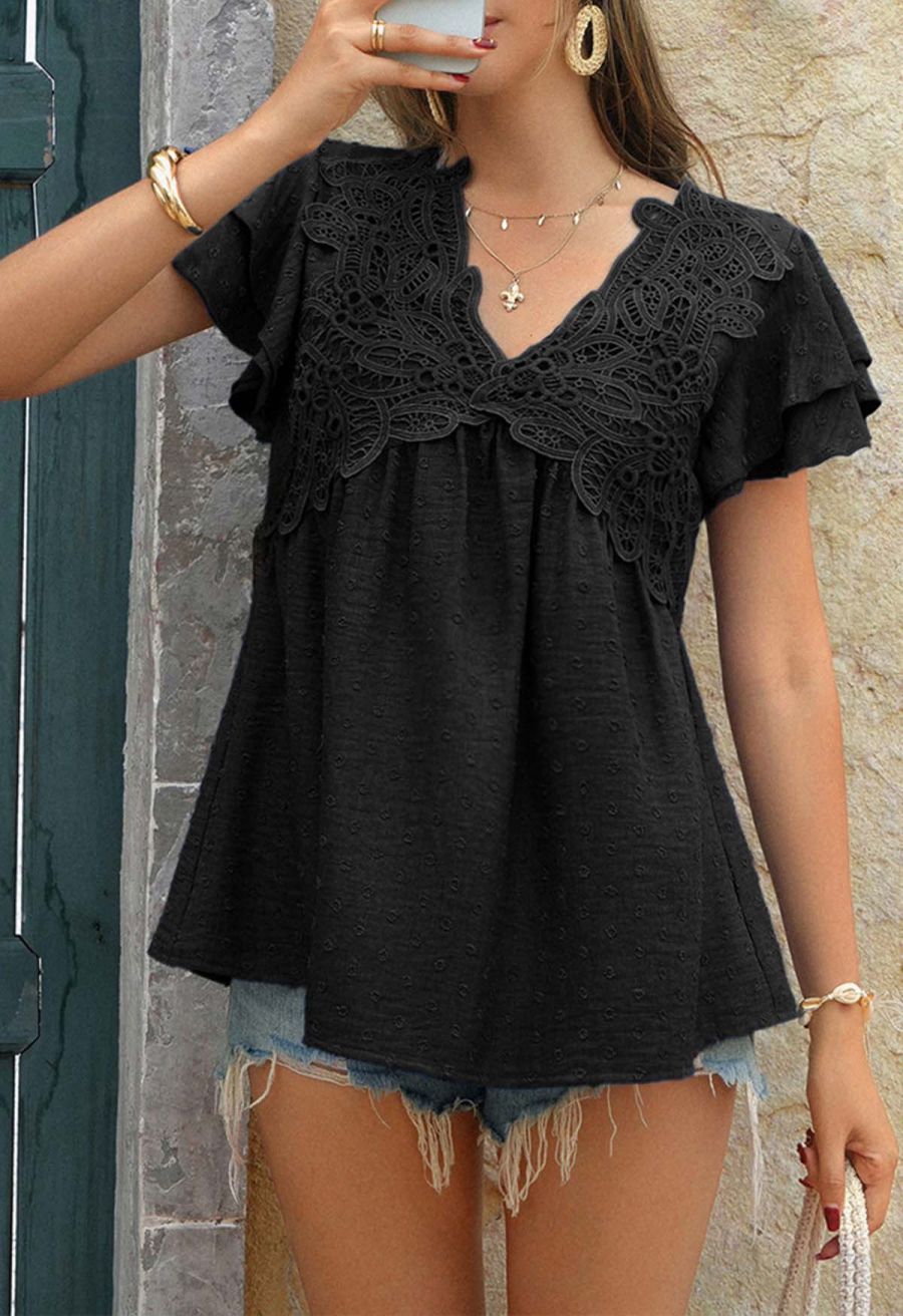 V-Neck Lace Cutwork Flock Dot Dolly Top in Black