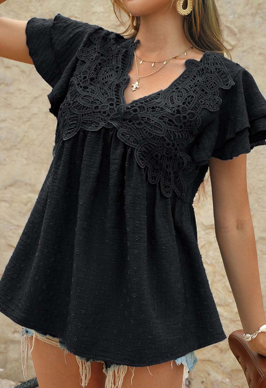 V-Neck Lace Cutwork Flock Dot Dolly Top in Black