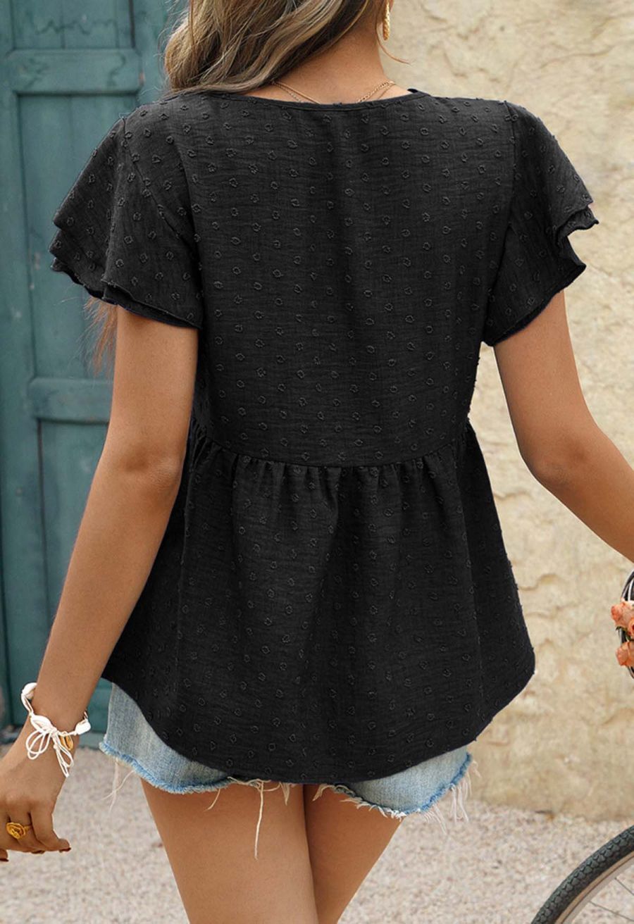 V-Neck Lace Cutwork Flock Dot Dolly Top in Black