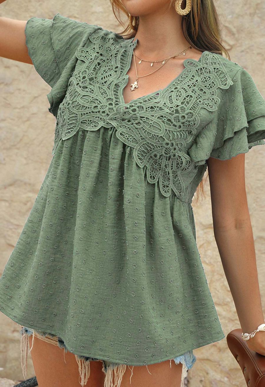 V-Neck Lace Cutwork Flock Dot Dolly Top in Army Green
