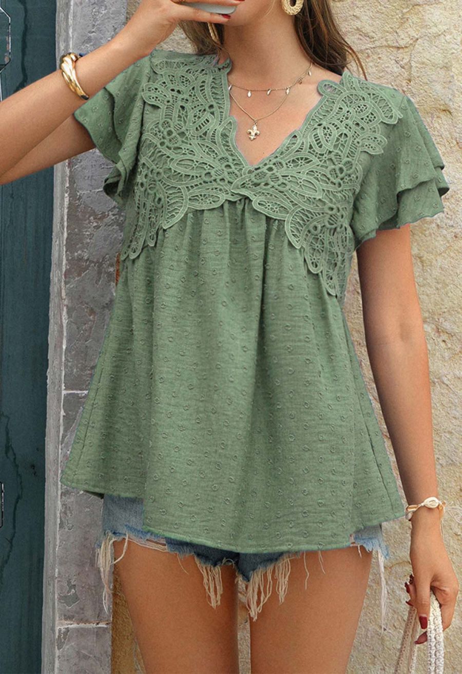 V-Neck Lace Cutwork Flock Dot Dolly Top in Army Green