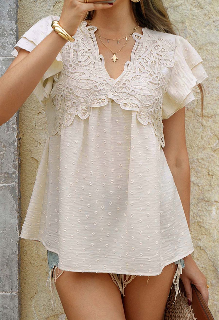 V-Neck Lace Cutwork Flock Dot Dolly Top in Cream