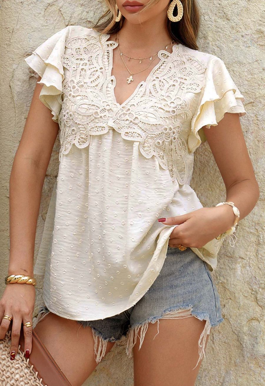 V-Neck Lace Cutwork Flock Dot Dolly Top in Cream