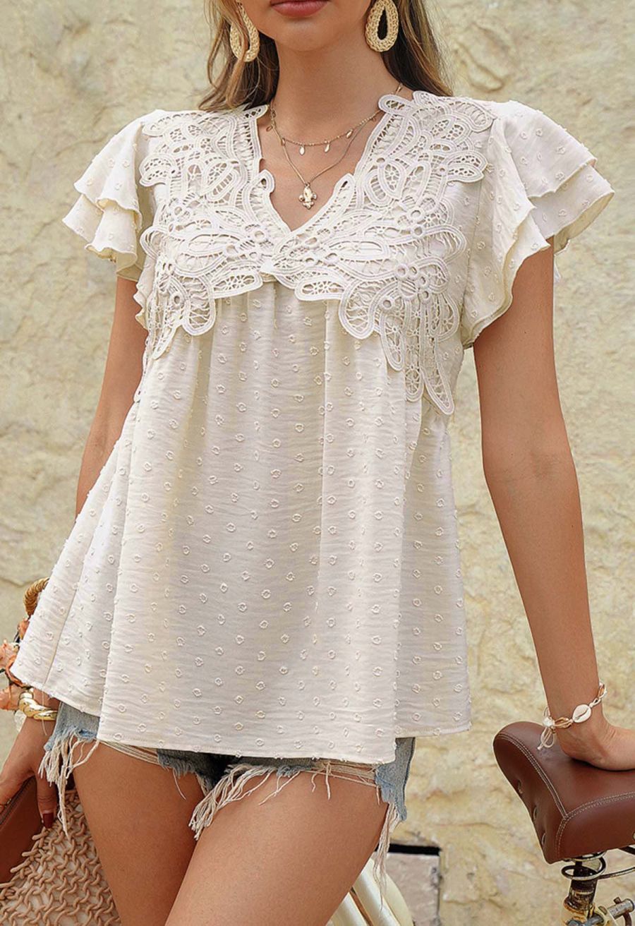 V-Neck Lace Cutwork Flock Dot Dolly Top in Cream