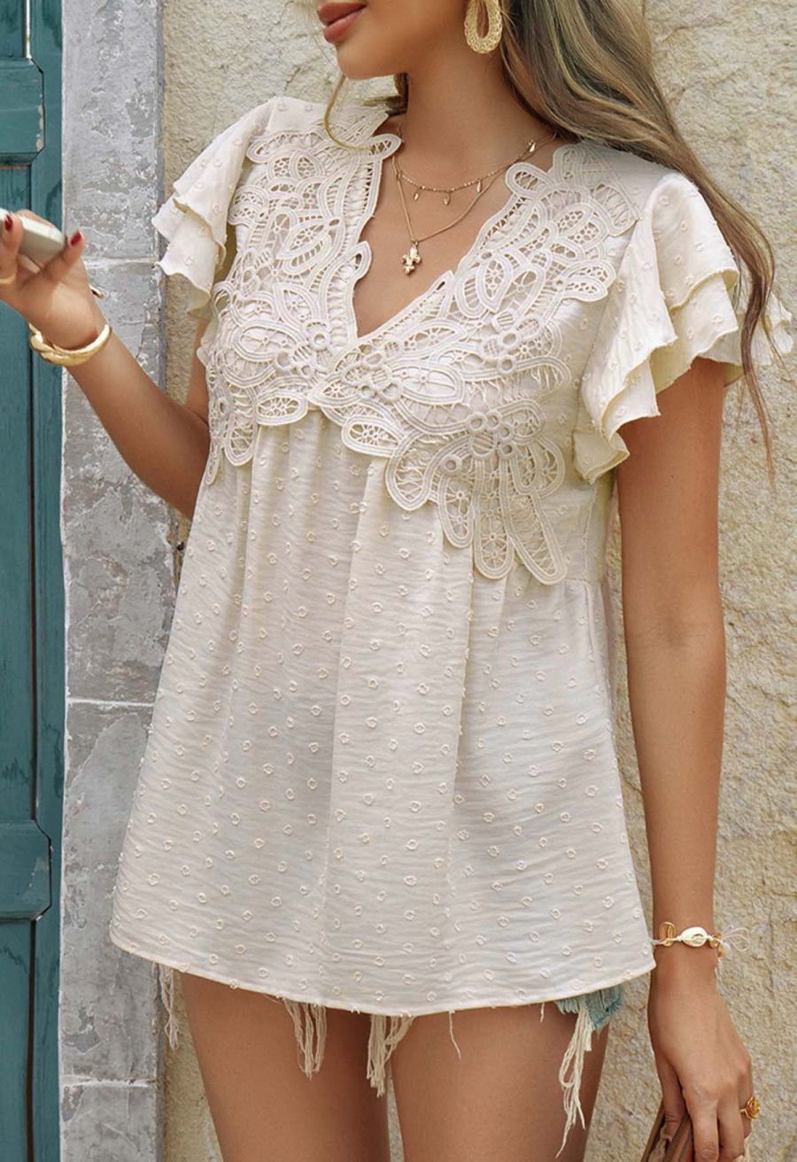 V-Neck Lace Cutwork Flock Dot Dolly Top in Cream