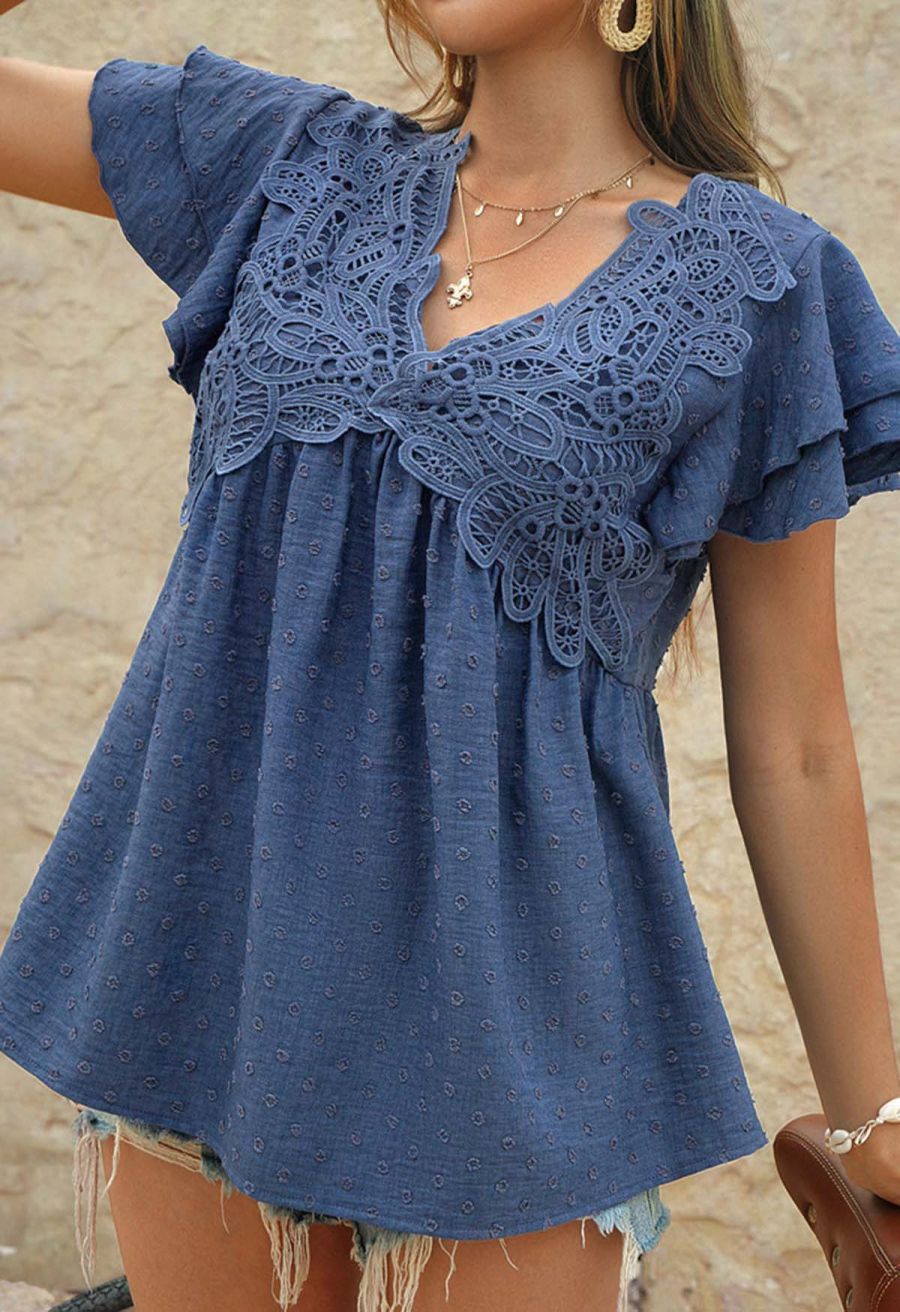 V-Neck Lace Cutwork Flock Dot Dolly Top in Navy