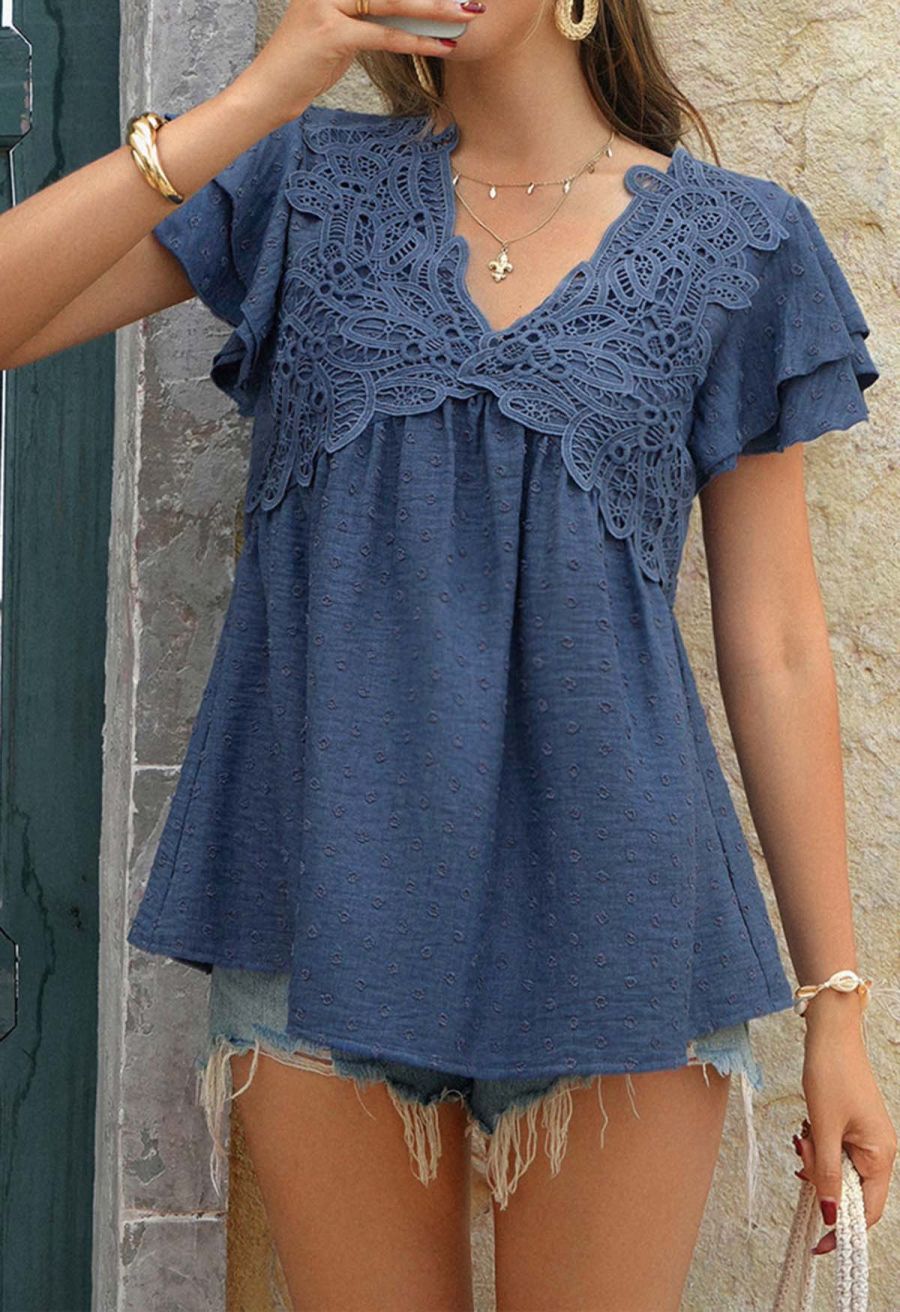 V-Neck Lace Cutwork Flock Dot Dolly Top in Navy