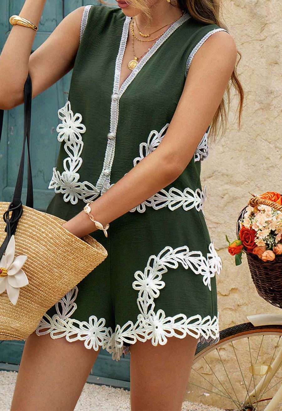 Tapework Lace Buttoned Sleeveless Top and Shorts Set in Army Green