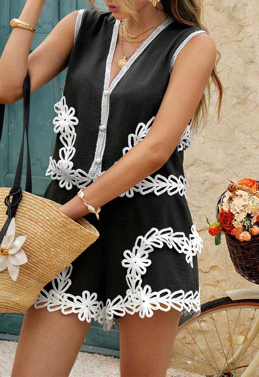 Tapework Lace Buttoned Sleeveless Top and Shorts Set in Black