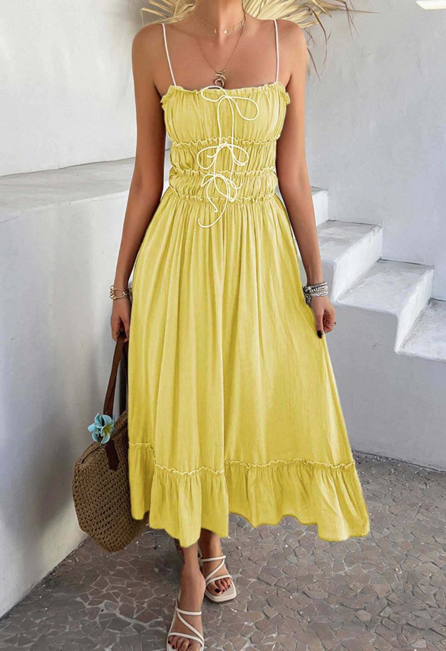 Self-Tie Bowknot Ruffle Cami Midi Dress in Yellow