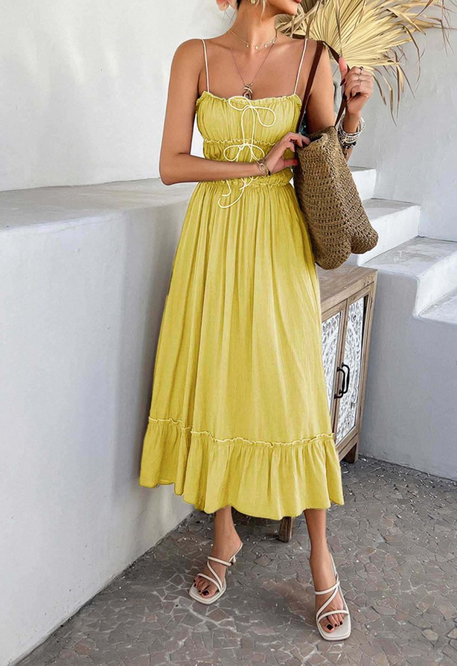 Self-Tie Bowknot Ruffle Cami Midi Dress in Yellow