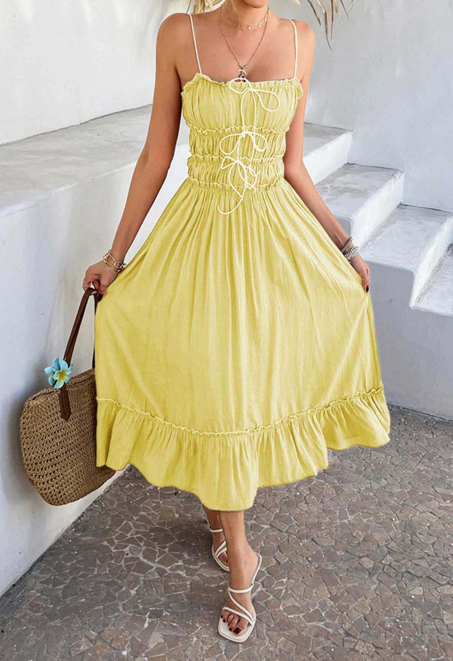 Self-Tie Bowknot Ruffle Cami Midi Dress in Yellow