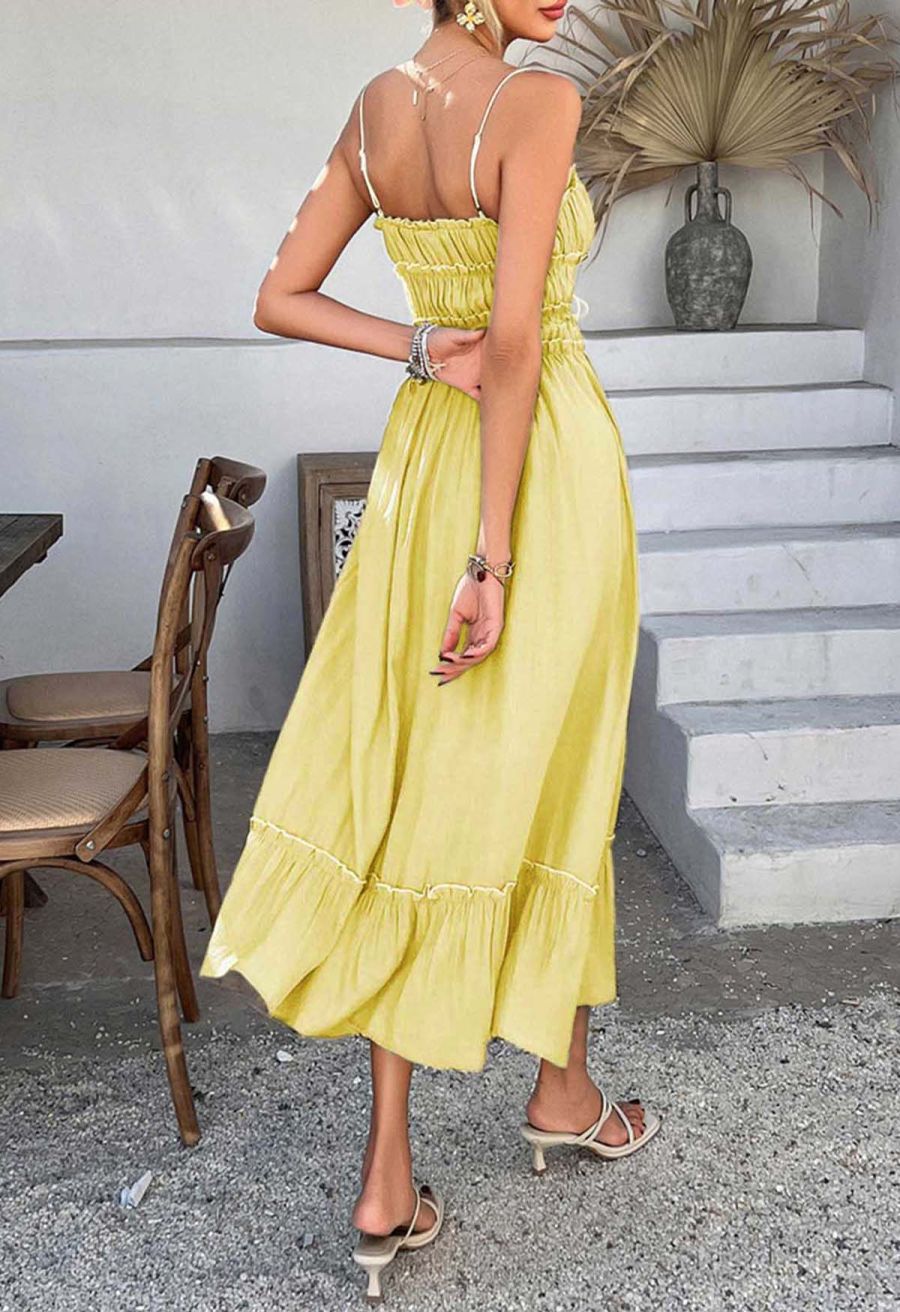 Self-Tie Bowknot Ruffle Cami Midi Dress in Yellow