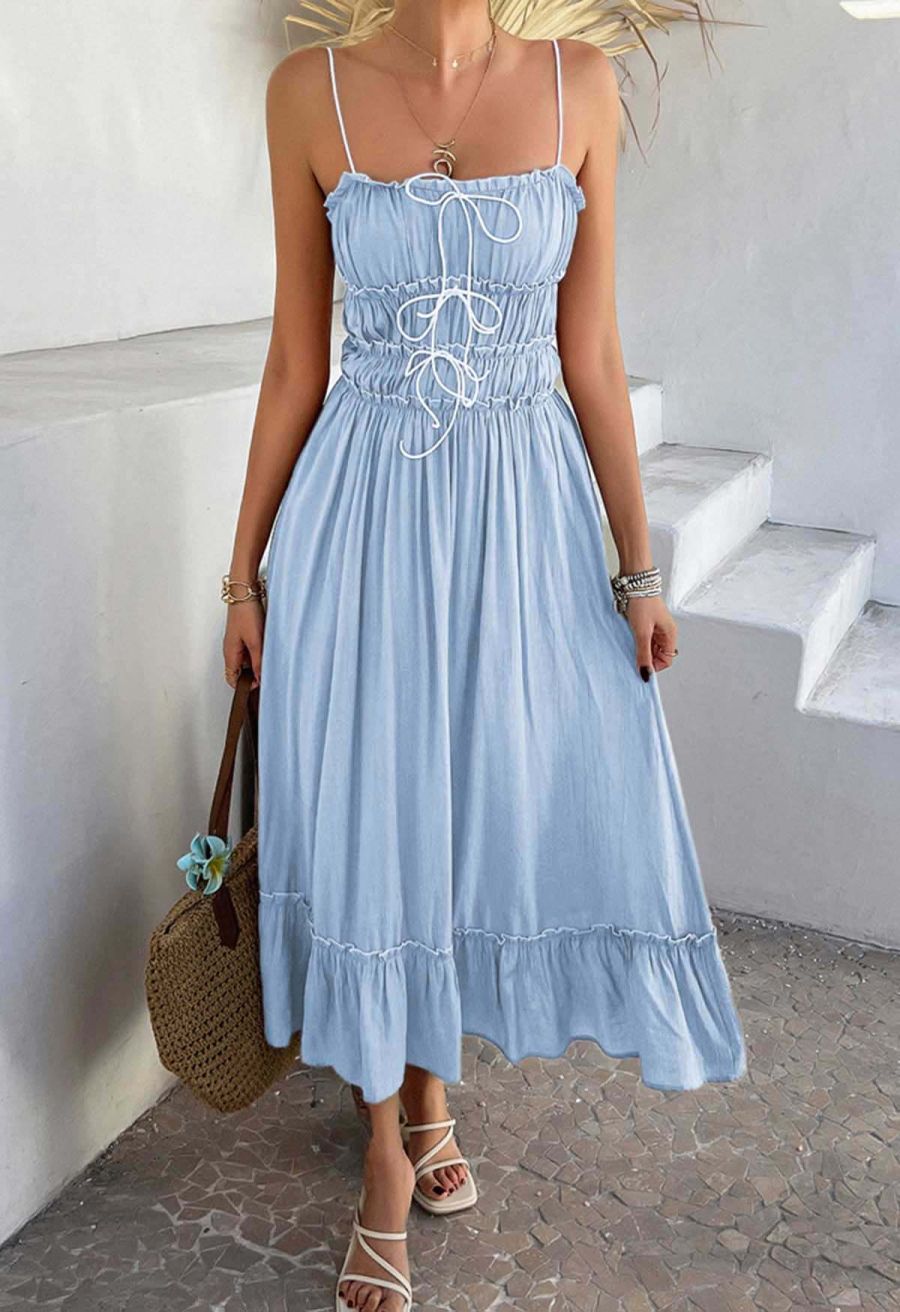 Self-Tie Bowknot Ruffle Cami Midi Dress in Light Blue