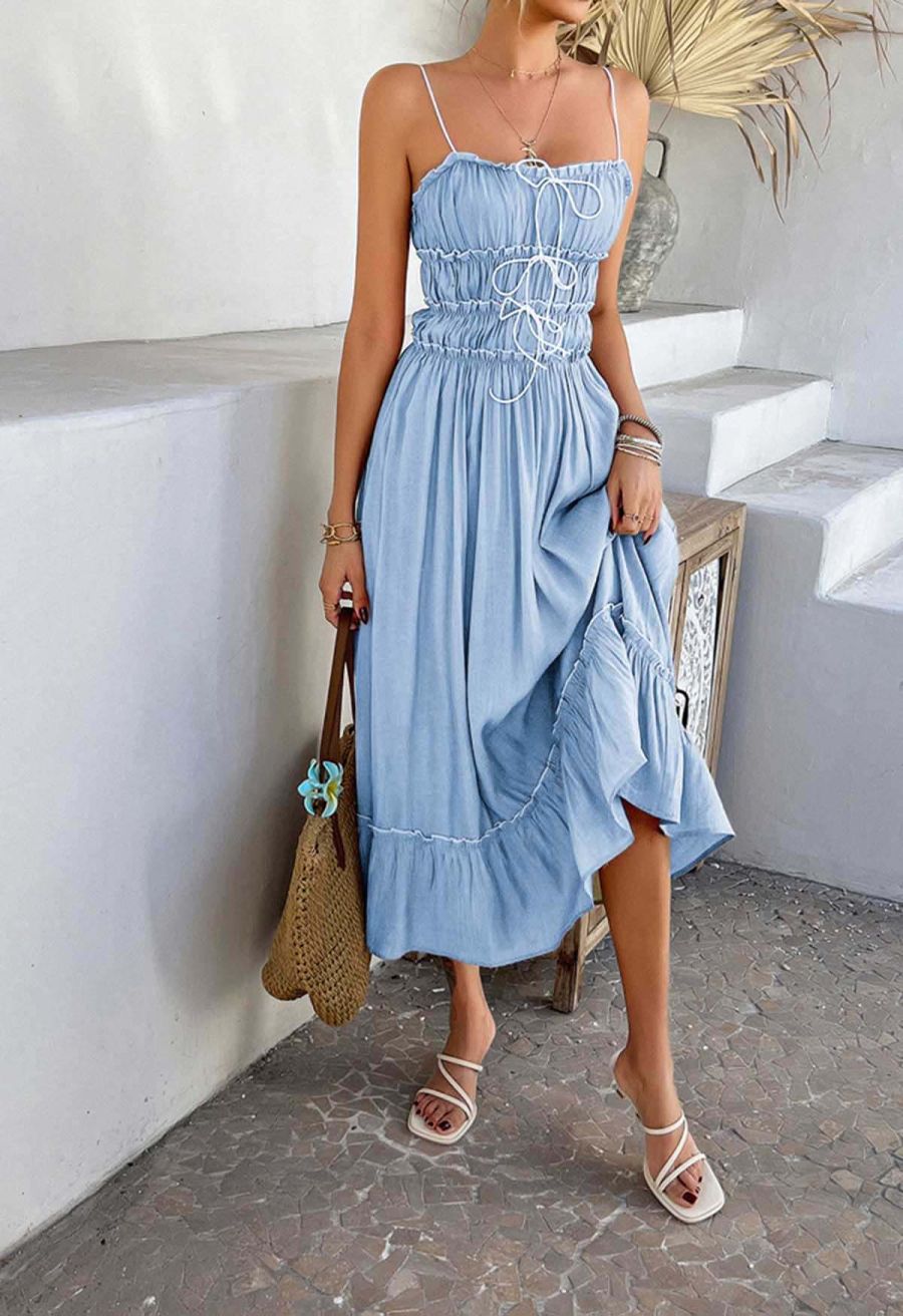 Self-Tie Bowknot Ruffle Cami Midi Dress in Light Blue