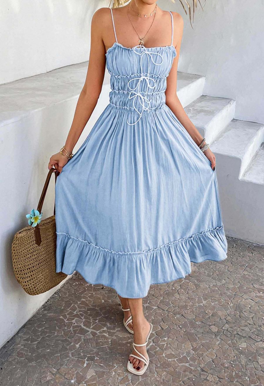 Self-Tie Bowknot Ruffle Cami Midi Dress in Light Blue