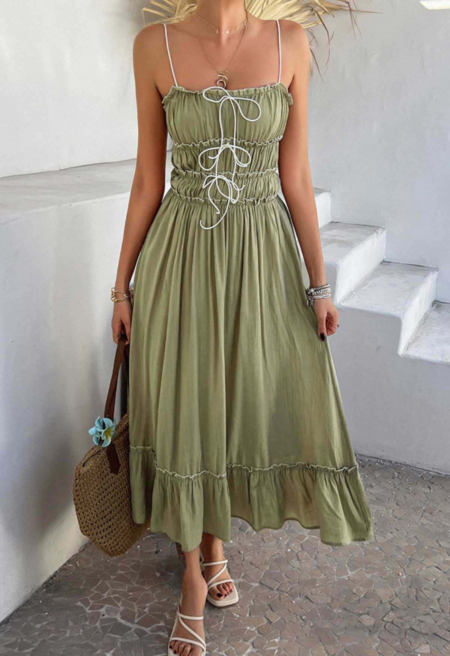 Self-Tie Bowknot Ruffle Cami Midi Dress in Moss Green