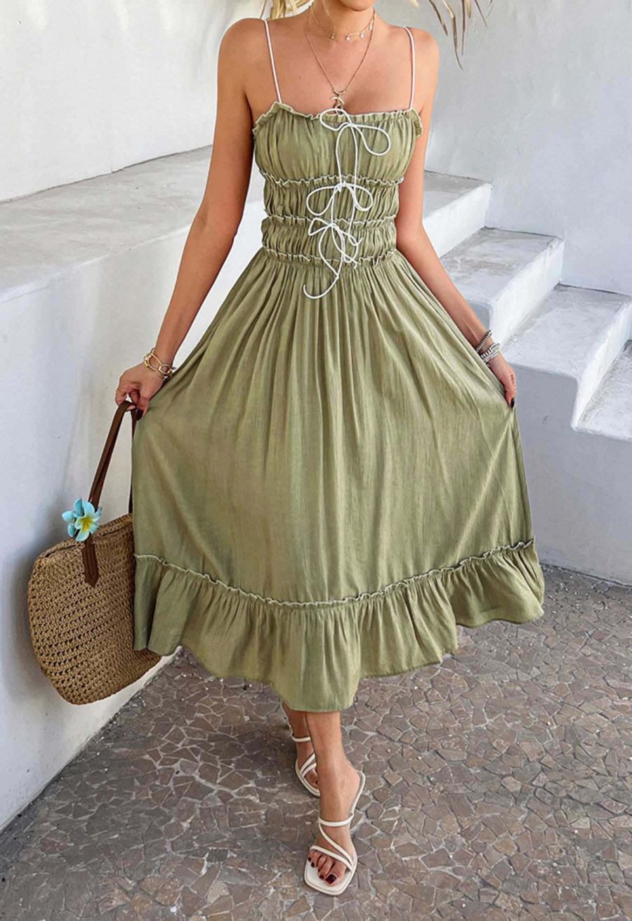 Self-Tie Bowknot Ruffle Cami Midi Dress in Moss Green