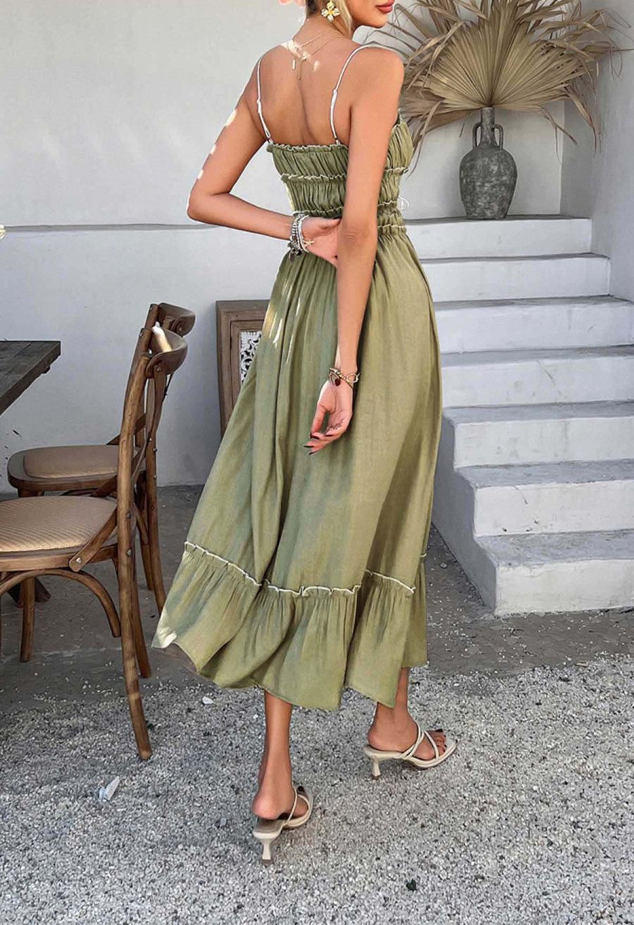 Self-Tie Bowknot Ruffle Cami Midi Dress in Moss Green