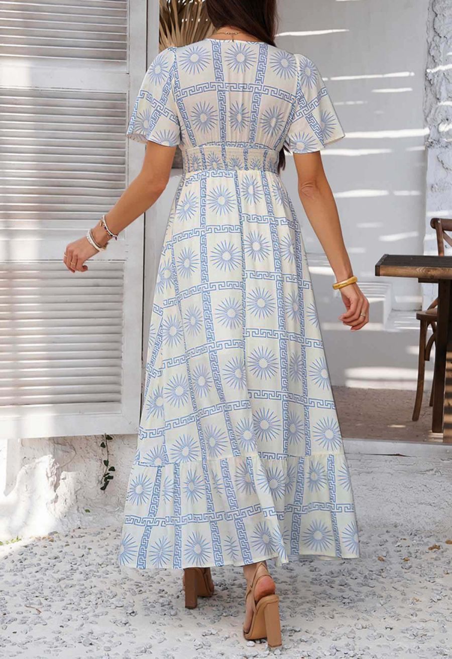 Sun Grid Printed V-Neck Shirred Maxi Dress
