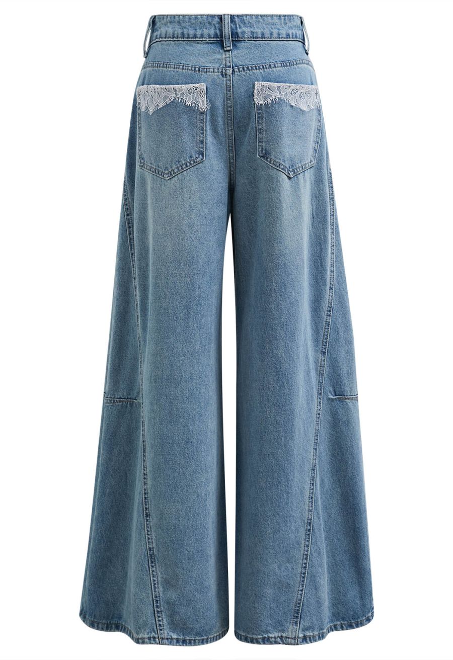 Lace Back Pocket Wide-Leg Seamed Jeans