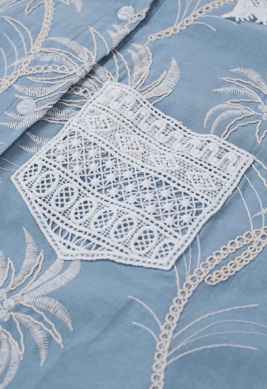 Coconut Tree Embroidered Loose Cotton Shirt in Light Blue