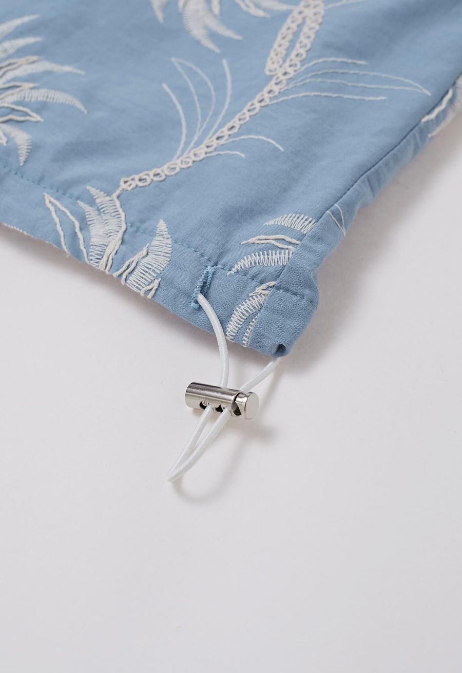 Coconut Tree Embroidered Loose Cotton Shirt in Light Blue