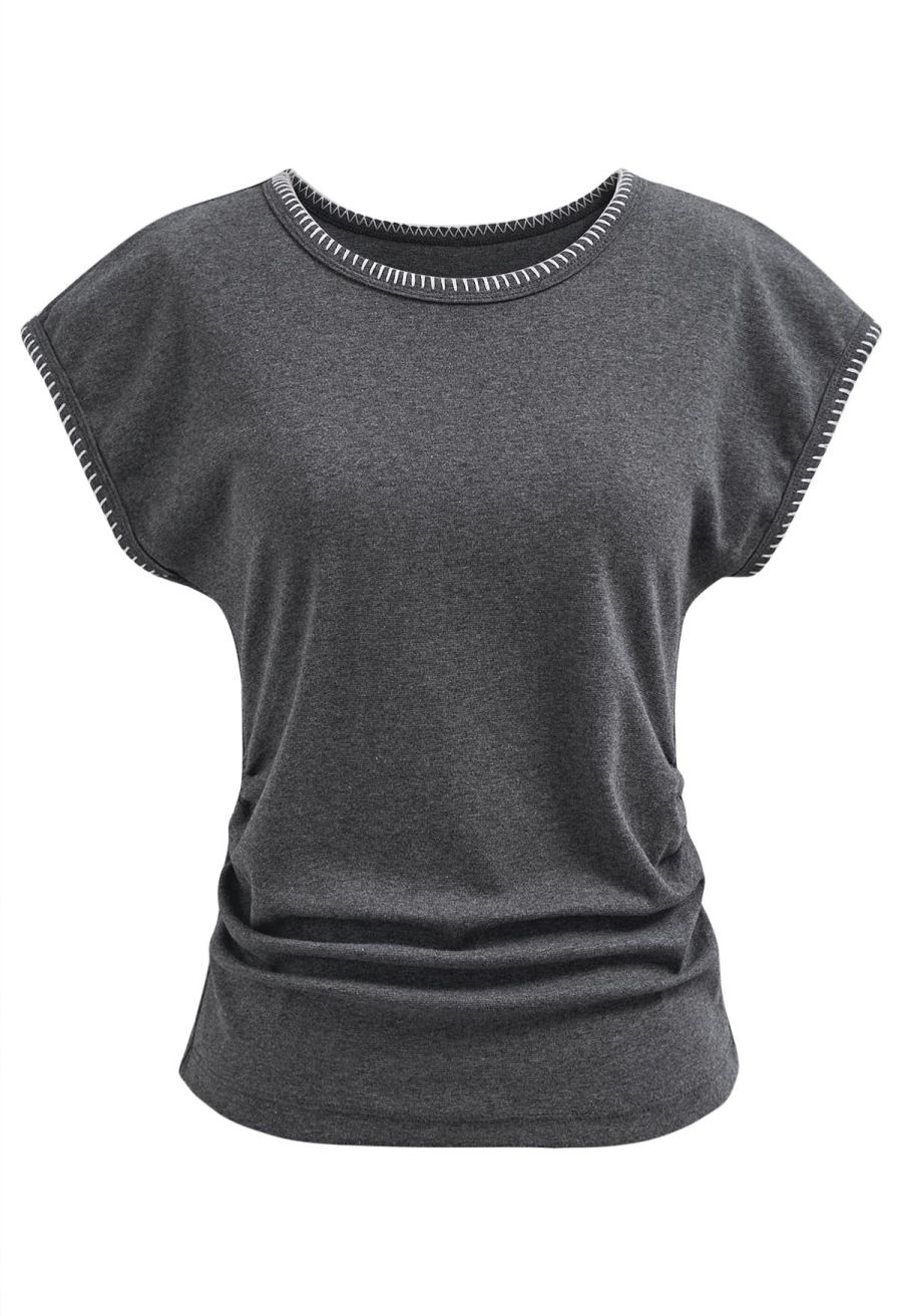 Whipstitch-Trimmed Ruched Side Top in Smoke