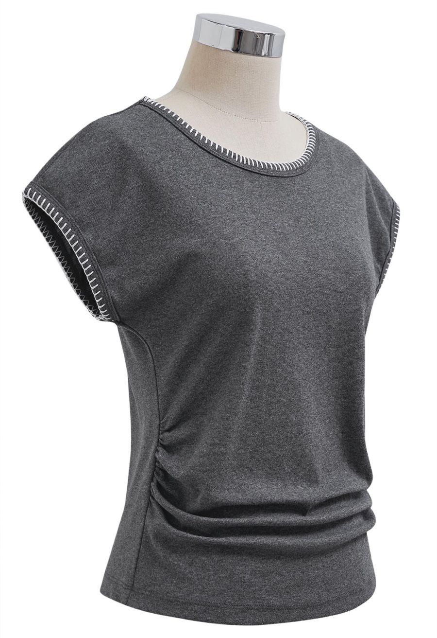 Whipstitch-Trimmed Ruched Side Top in Smoke