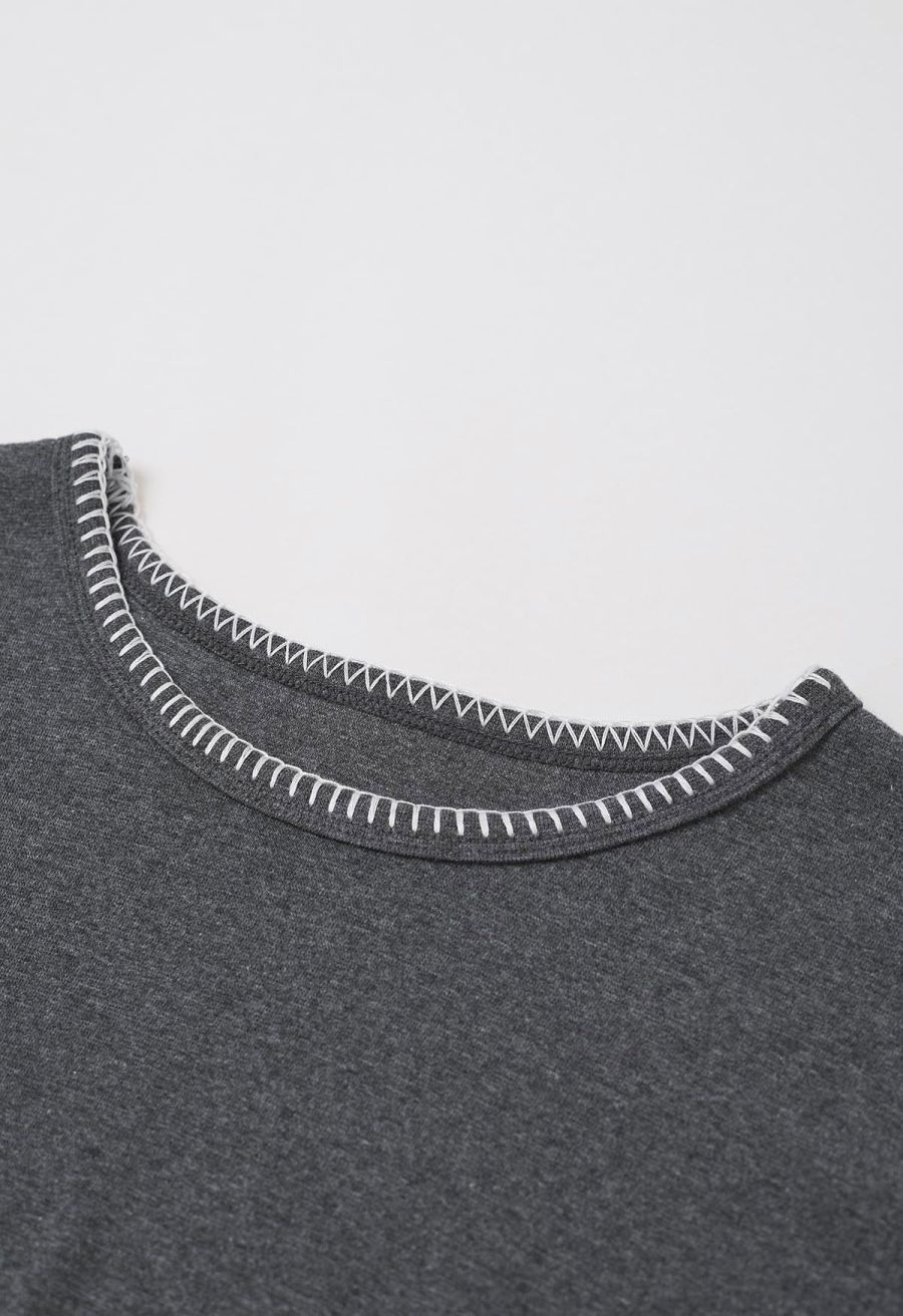 Whipstitch-Trimmed Ruched Side Top in Smoke