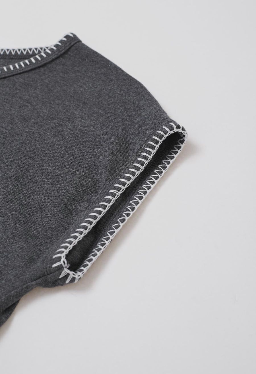 Whipstitch-Trimmed Ruched Side Top in Smoke