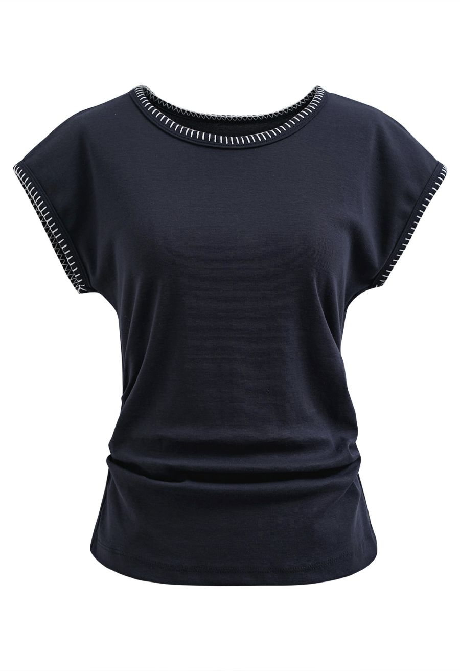 Whipstitch-Trimmed Ruched Side Top in Navy
