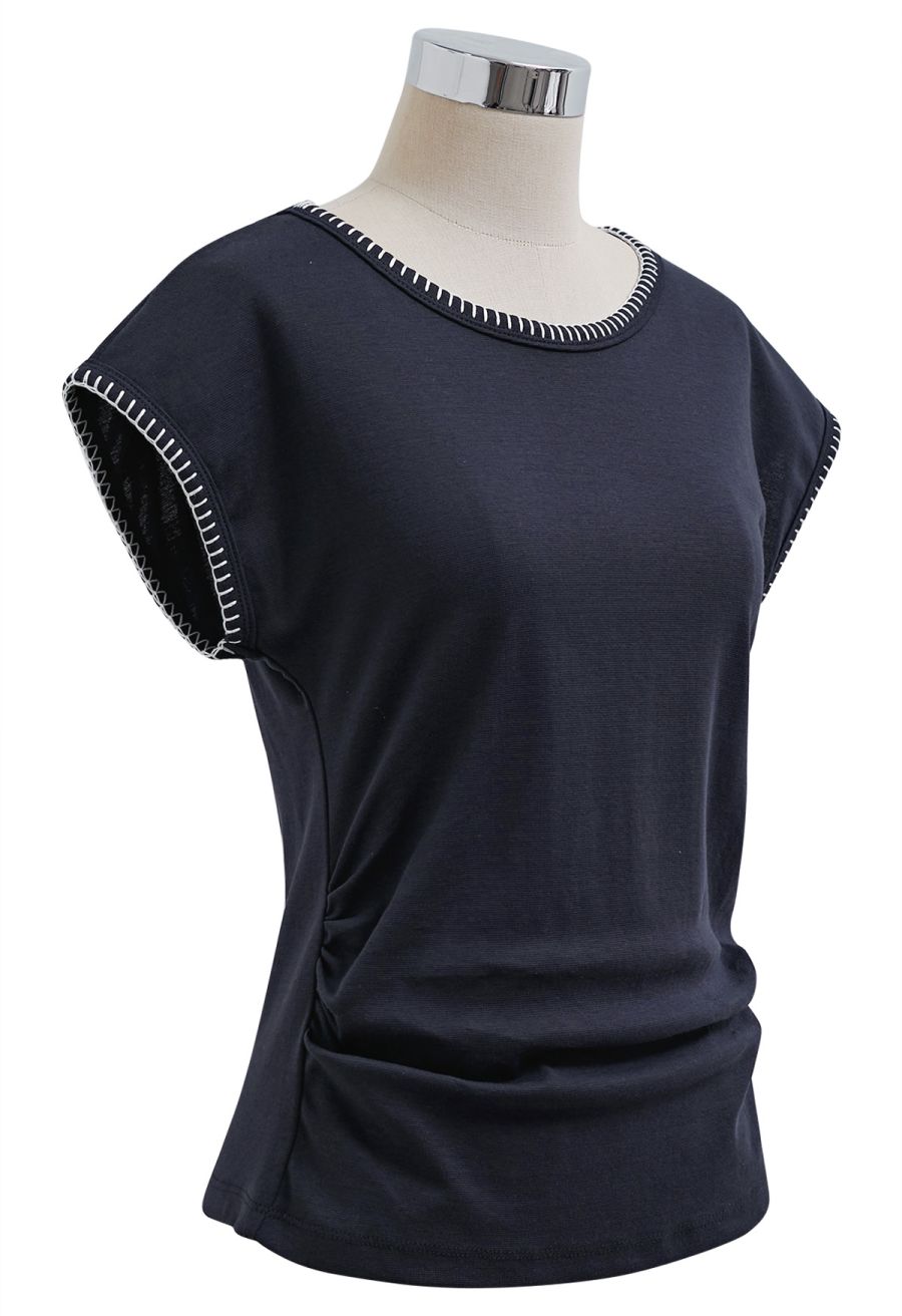 Whipstitch-Trimmed Ruched Side Top in Navy