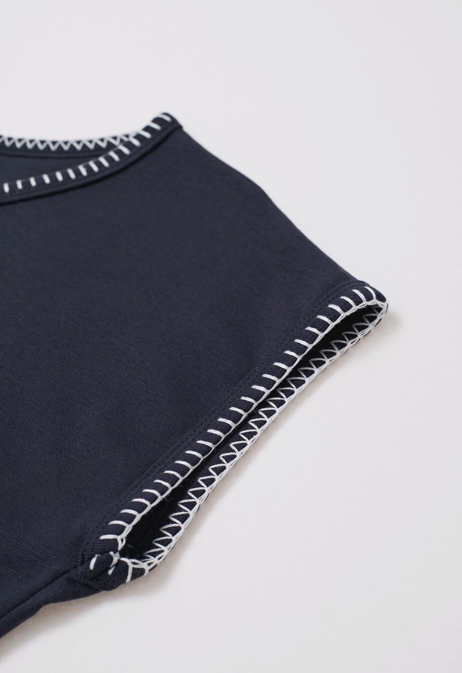 Whipstitch-Trimmed Ruched Side Top in Navy