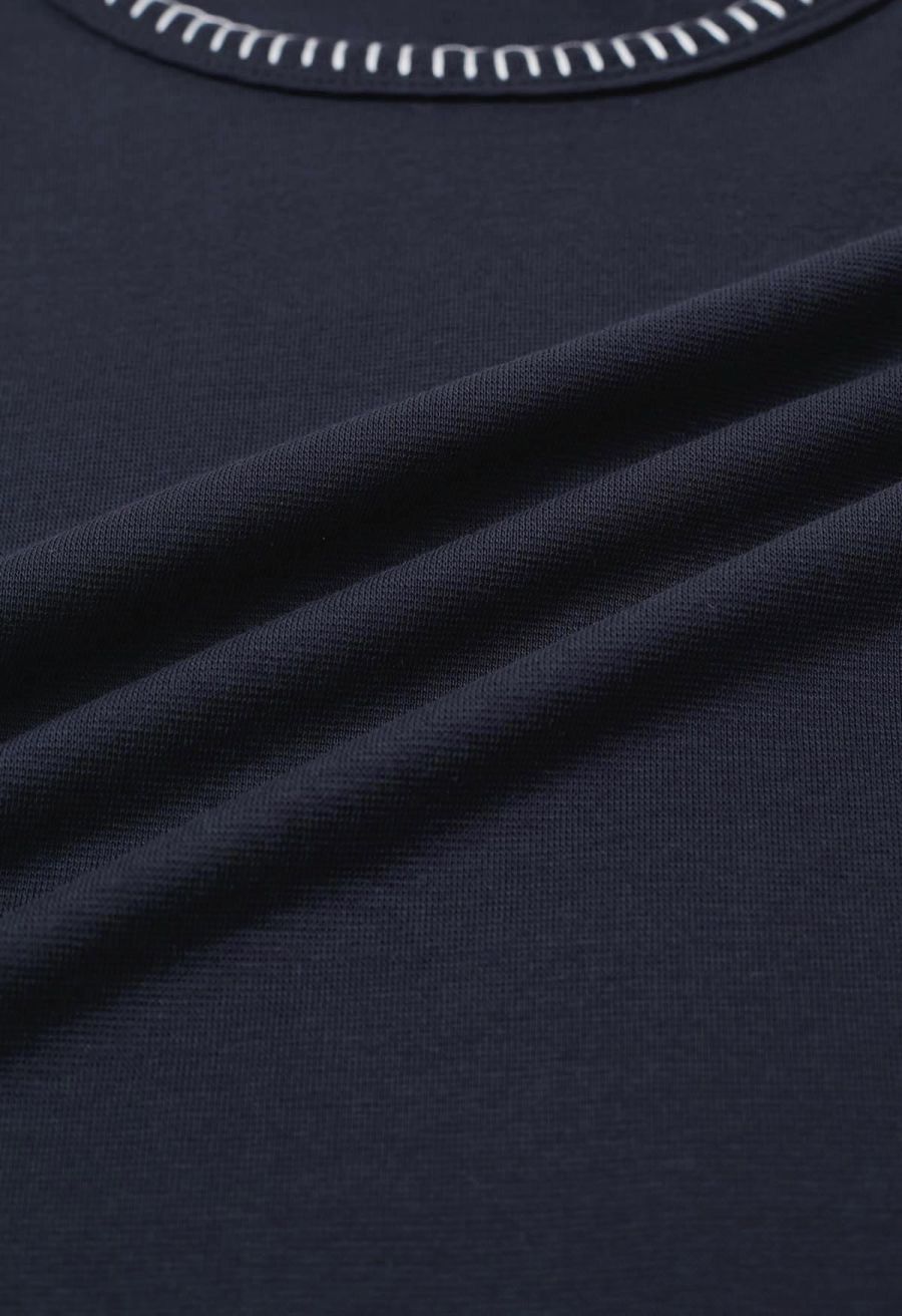 Whipstitch-Trimmed Ruched Side Top in Navy