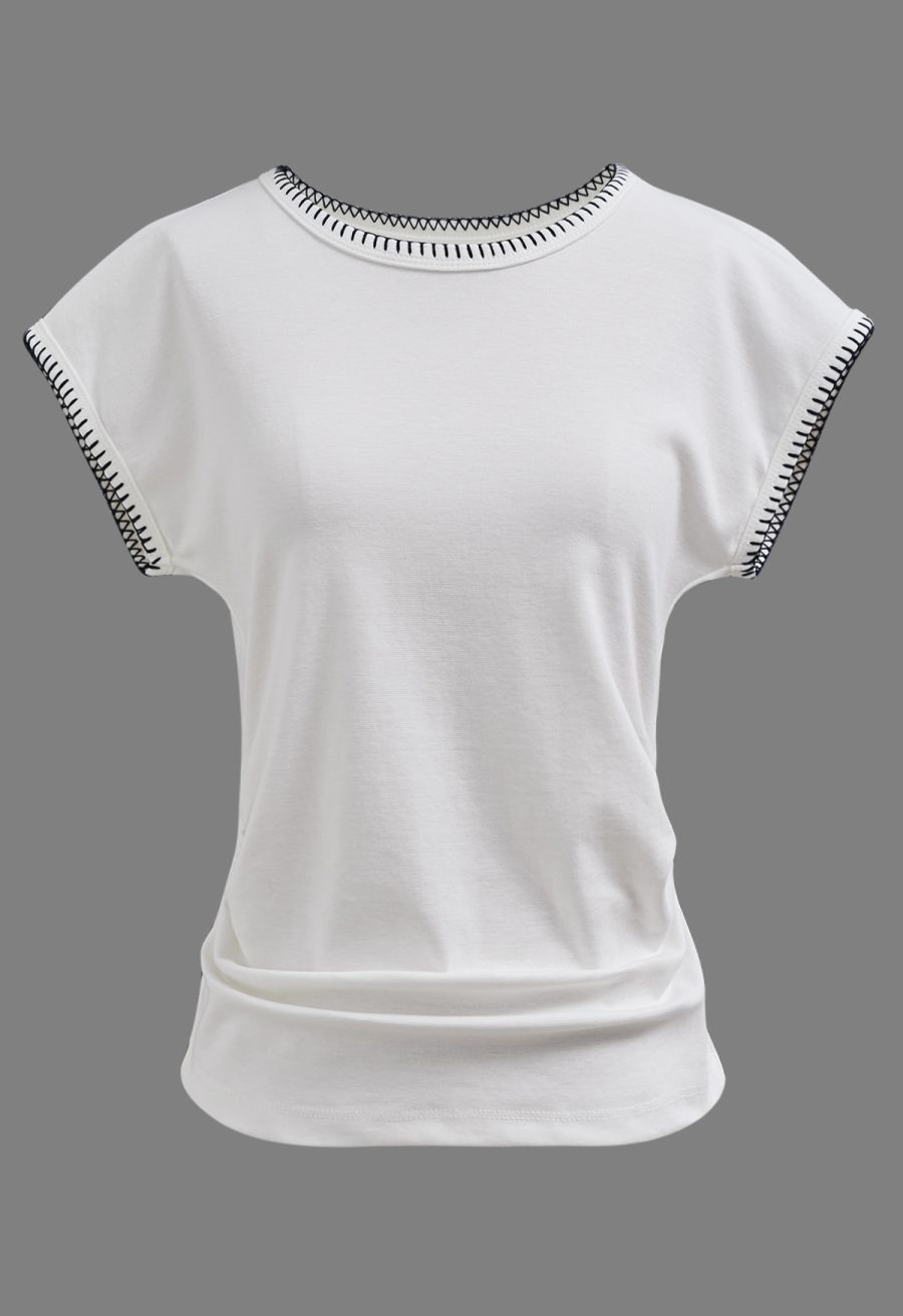 Whipstitch-Trimmed Ruched Side Top in White